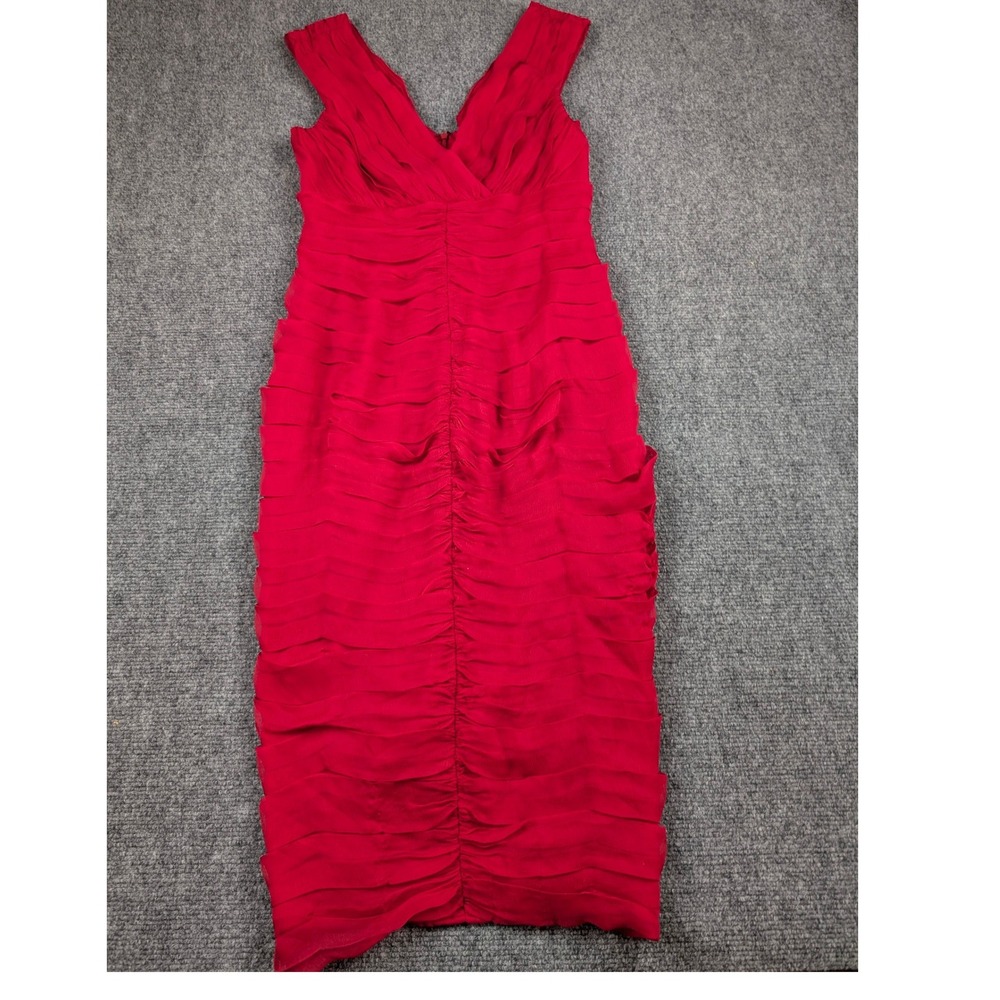 Tadashi Collection Dress SZ 8 Red 100% Silk Ruched Chiffon Midi Cocktail Vamp